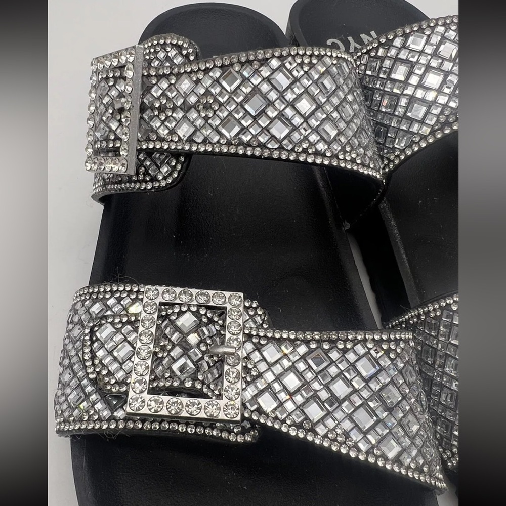 Madden NYC 11 Black Silver Bling Rhinestone Buckle Slip On Slides Sandals Shoes - Picture 5 of 9